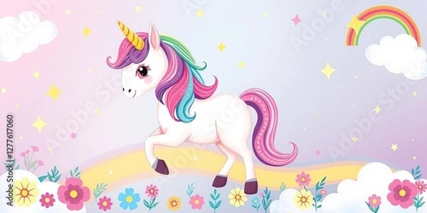 Fototapeta Beautiful and whimsical magical unicorn vector illustration perfect for children's wall art, stationery, and more, horse, colorful, mythical