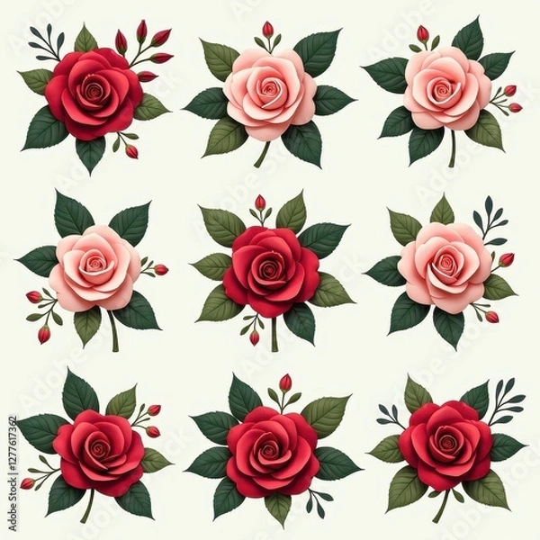 Fototapeta Vibrant Realistic Roses Against White Background  Perfect Easter Floral Art. A set of realistic roses with green leaves and buds.