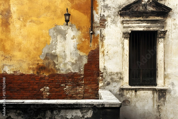 Obraz Weathered brick wall with peeling paint, an old lamp, and a barred window, creating a rustic, historical ambiance.