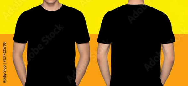Fototapeta blank man plain black t-shirt front and back mockup tshirt on colourful vector abstract background, 300dpi, 3d illustration