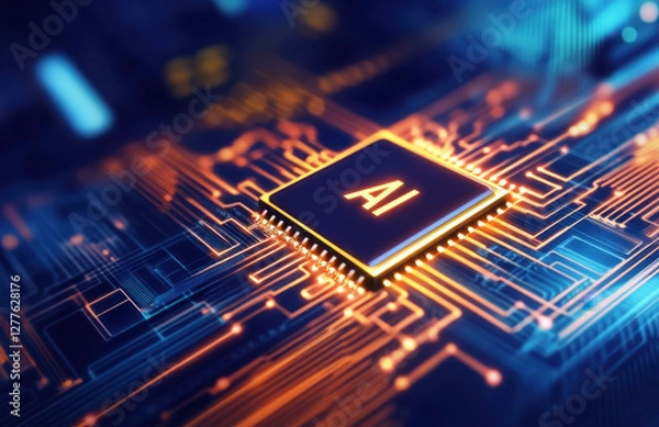 Fototapeta close up of microchip featuring letters AI, showcasing intricate circuitry and vibrant colors. This represents advanced technology and innovation in artificial intelligence