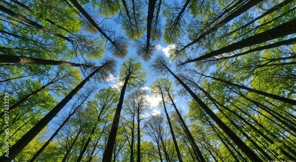 Obraz Landscape photo in a bright morning of pine trees photographed from a lower angle forming a unique pattern.