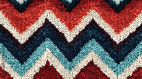 Fototapeta Vibrant zigzag-patterned knitted textile in red, navy, teal, and white. Cozy chevron design perfect for winter themes, ads, and holiday decorations