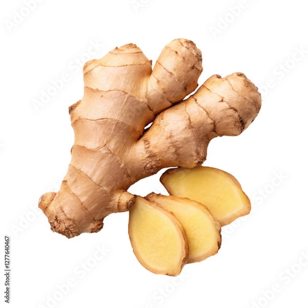 Obraz Whole ginger root with fresh slices, close-up, isolated. natural food and healthy eating