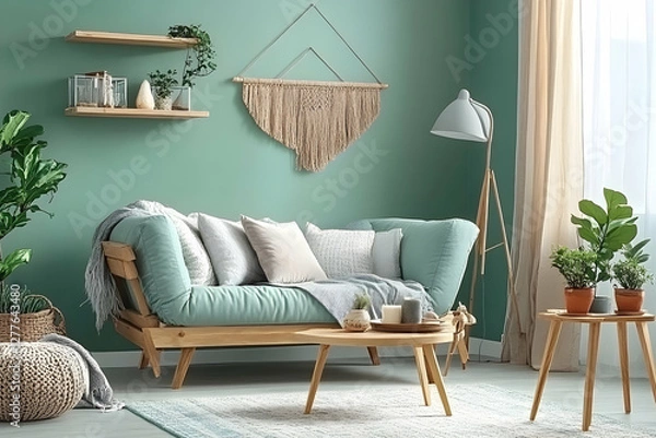 Fototapeta Serene living room interior design with a teal sofa, wooden furniture, and natural decor elements creating a calm and relaxing atmosphere.