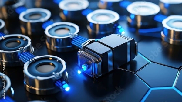 Fototapeta Futuristic interconnected system with glowing blue lights and metallic elements for advanced technology concept