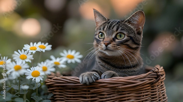 Fototapeta Cute cat sitting in basket with flower