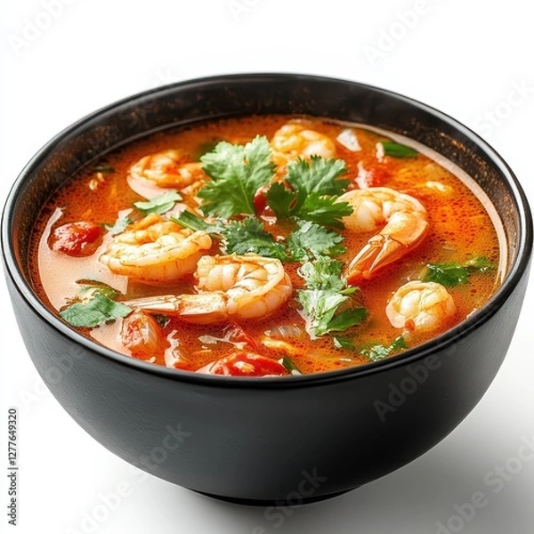 Fototapeta A steaming bowl of shrimp soup garnished with fresh herbs, featuring vibrant colors and a rich, flavorful broth.