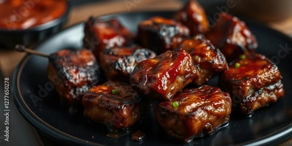 Fototapeta A close-up of sizzling BBQ bites on a dark plate, with a hint of smoke and sauce, sauce, tasty