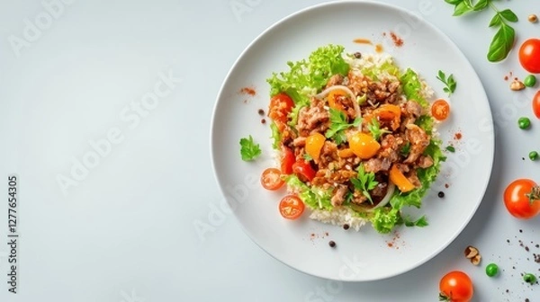 Fototapeta Discover culinary artistry A top-down view of a meticulously plated meal, showcasing vibrant colors and balanced nutrition Explore healthy eating with this stunning overhead shot Perfect for blogs