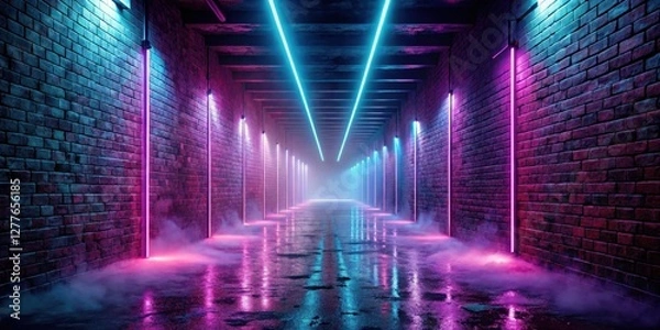 Fototapeta Illuminated Brick Passageway Vibrant Neon Lights Reflecting on a Wet Surface in a Smoky, Underground Corridor