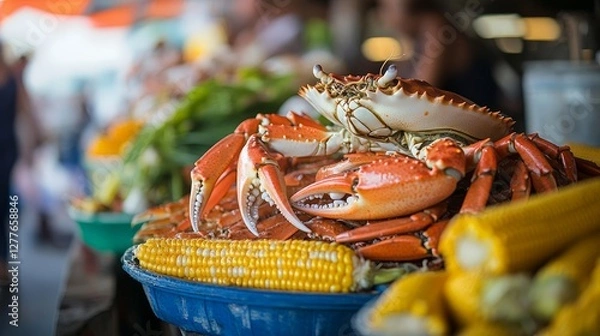 Obraz A vibrant display of fresh crabs and corn at a market, showcasing seafood and produce.