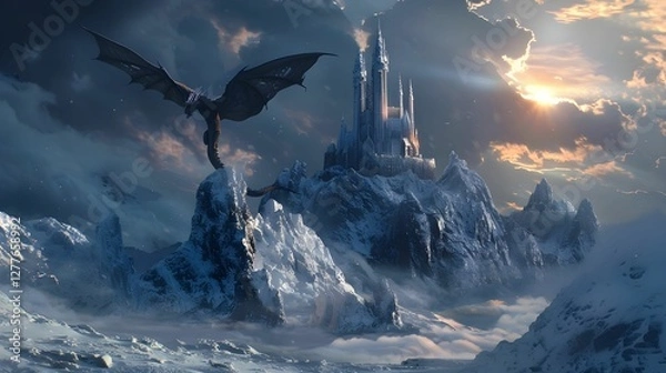 Obraz Dragon con castillo nevando