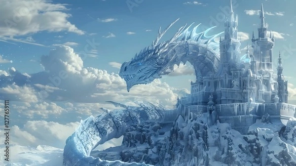 Obraz Dragon con castillo nevando