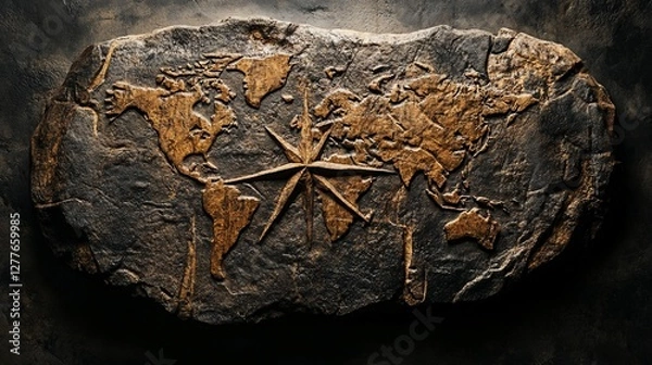 Fototapeta Engraved World Map on Dark Stone Texture with Golden Metallic Continents