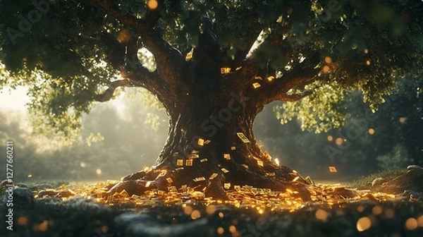 Fototapeta A large tree with golden rectangle objects on its branches and ground in a forest