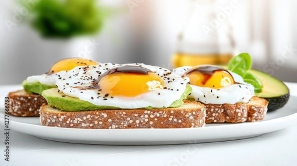 Fototapeta Indulge in A delicious fresh avocado toast recipe with poached eggs and a drizzle of balsamic glaze Elevate your brunch game with this simple yet elegant dish Creamy avocado, perfectly poached eggs