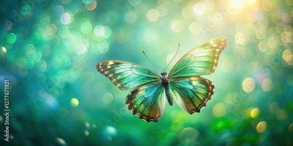 Fototapeta A shimmering emerald butterfly gracefully floats amidst a bokeh of vibrant green and golden lights, a breathtaking spectacle of nature's artistry.