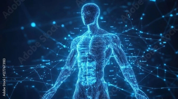 Fototapeta A futuristic visualization of the human body, showcasing an intricate network of interconnected lines, highlighting anatomy and technology.