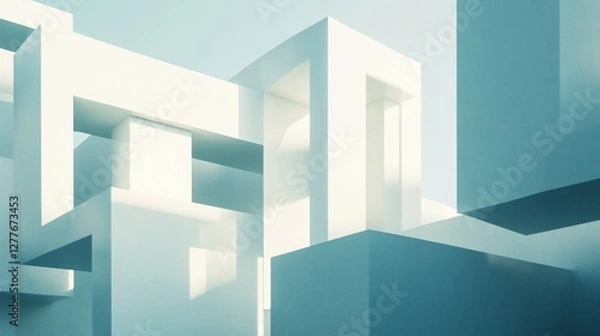 Fototapeta Abstract Geometric Composition of Interlocking White and Blue Shapes Against a Pale Blue Background