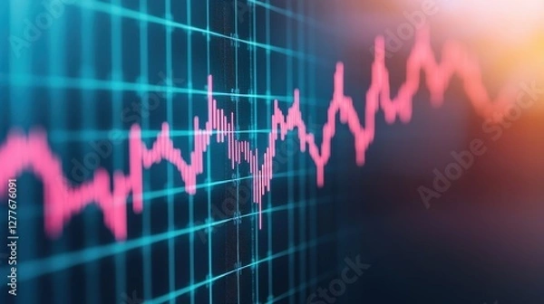 Fototapeta A close-up of a digital graph displaying fluctuating data trends in vibrant pink against a blue grid background, suggesting analysis or monitoring.