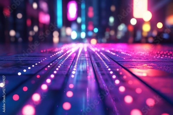 Fototapeta Close-up of fiber optic cables glowing beneath transparent pavement in a modern city, showing integrated communication infrastructure