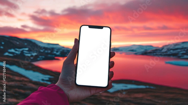 Obraz Close-up of a woman holding a cell phone with an empty white screen against a beautiful scarlet sunset over a mountain lake. Phone mockup. The concept of adventure, travel, trekking and exploration