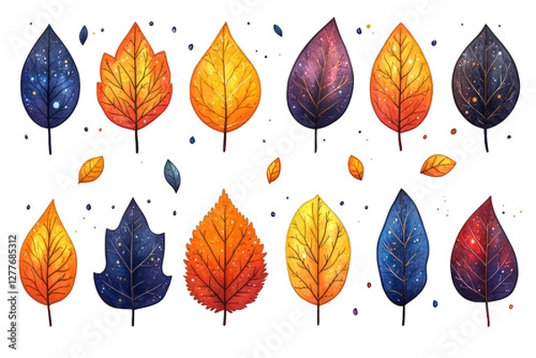 Fototapeta A collection of colorful, stylized leaves with cosmic patterns and vibrant colors.
