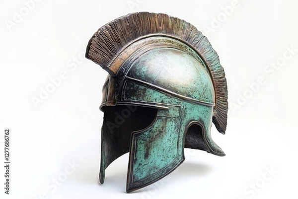 Fototapeta Ancient Greek Helmet on White Background - A weathered bronze Greek helmet, showcasing intricate details and a distinctive crest, is displayed against a clean white backdrop