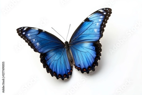 Fototapeta Blue Morpho Butterfly on White - A vibrant blue morpho butterfly on a pristine white background. Symbolizing transformation, beauty, freedom, grace, and nature