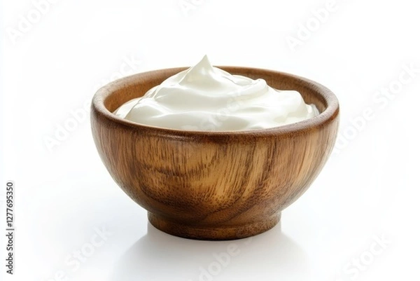 Fototapeta Creamy Yogurt in Wooden Bowl - Delicious creamy yogurt in a rustic wooden bowl, isolated on a white background. Perfect for food blogs, recipe websites, or any project needing a fresh, healthy