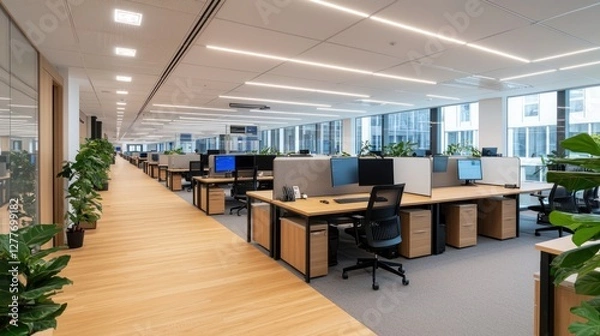 Fototapeta Bright open office space with modern desks and plants creating a productive and inviting work environment with natural light and a clean design