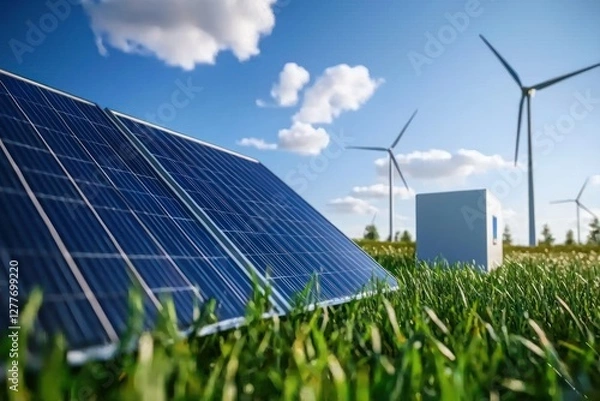 Fototapeta Solar Panel Array and Wind Turbines in a Green Field Under a Bright Blue Sky Representing Sustainable Energy and Clean Power Generation