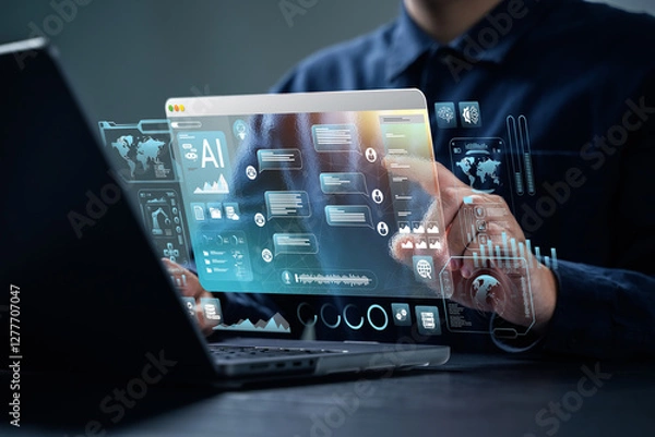 Fototapeta AI content creation tools: Man uses laptop with AI assistant for graphic design, translation, chatbot, image creation, coding, and advertising.