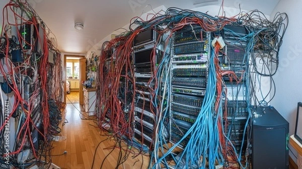 Fototapeta Tangled Web: A Chaos of Cables and Servers