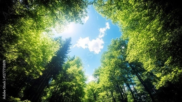 Obraz Lush Green Forest Canopy  Sunlight Through Trees  Summer Nature Scene