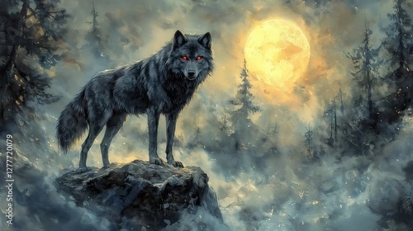 Obraz Black wolf under full moon