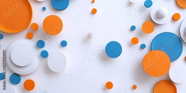 Fototapeta 3D abstract background with orange, blue, and white circles on a light gray background. white background