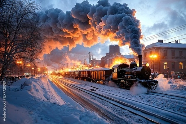 Obraz High carbon emission concept. A steam train billows smoke against a winter landscape, illuminated by streetlights and a vibrant sunset backdrop.
