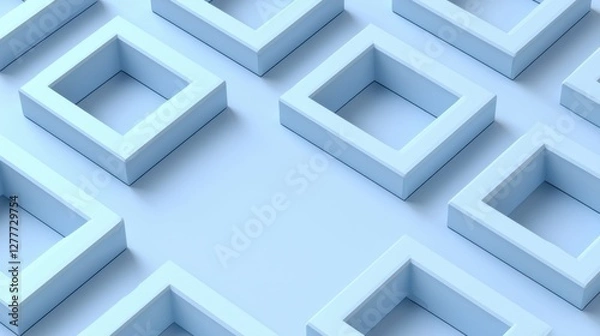 Fototapeta Geometric pattern of blue square frames on minimalist background