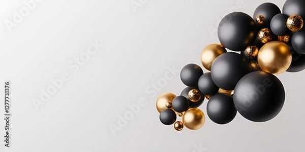 Fototapeta A bunch of black and gold balloons flying against an abstract gray background, creating a festiv