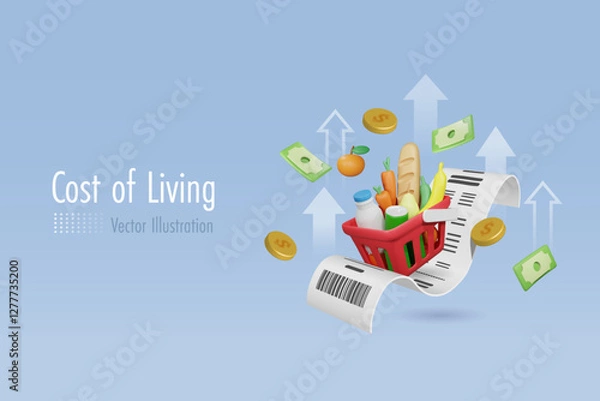 Fototapeta High cost of living, growth of grocery price, economic inflation concept. Grocery foods and drinks in shopping basket with high graph and receipt bill. 3D vector.