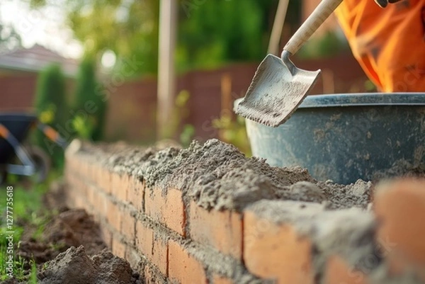 Fototapeta Construction crew building a brick wall for a garden, focus on trowel spreading mortar between bricks, wheelbarrow and tools visible, suburban backyard setting