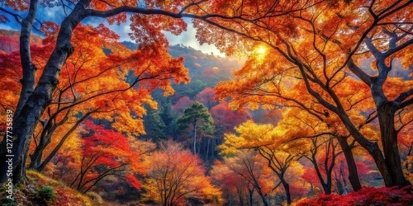 Fototapeta Autumnal Canopy A Sunlit Vista of Vibrant Fall Foliage Through Arching Branches