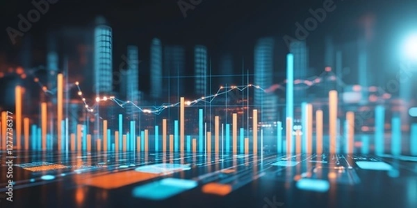 Fototapeta A digital rendering of financial charts and graphs, glowing with data points against an abstract 