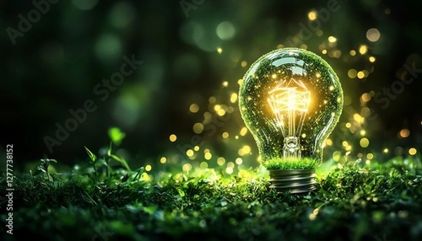 Fototapeta Futuristic light bulb powered by solar and wind energy, emitting a soft green glow, symbolizing sustainable energy and environmentally friendly technology for a greener planet