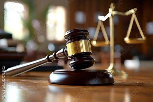 Fototapeta A judge's gavel against a blurred bokeh backdrop, symbolizing justice.