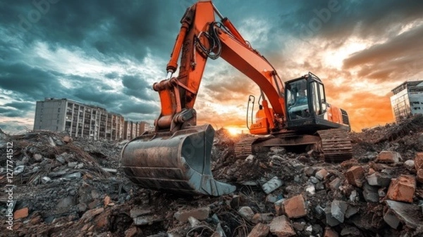 Obraz Excavator works on demolition site during sunset as clouds illuminate the sky with vibrant colors