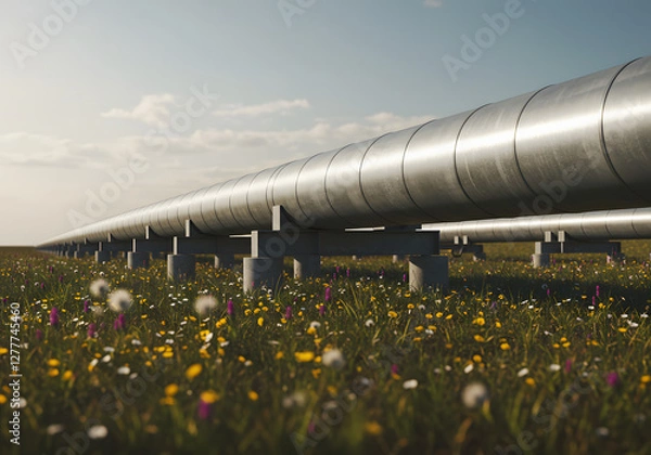 Fototapeta Vast Pipeline Infrastructure Across a Blooming Meadow Energy Transportation and Environmental Contrast