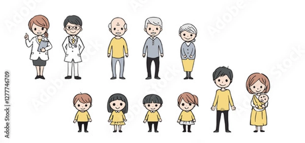 Obraz 三世代家族の各世代と医師の全身イラストのセット